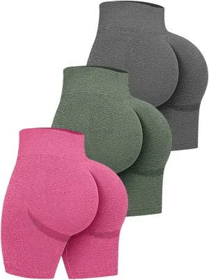 OQQ Women's 3 Piece High Waist Workout Shorts Butt Lifting Tummy Control Ruched Booty Smile Yoga Short Pants