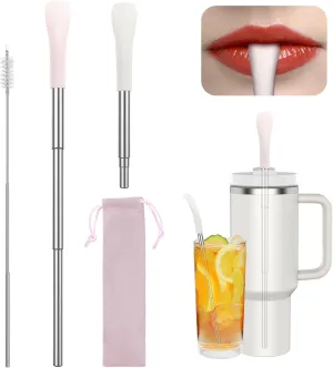 OUTXE Anti Wrinkle Collapsible Straws for Stanley, Flat Wide Portable Telescopic Travel Drinking Straw, Reusable Wrinkles Free Stainless Steel Straw for Lip Filler with Clean Brush& Carry Bag -2 Pcs
