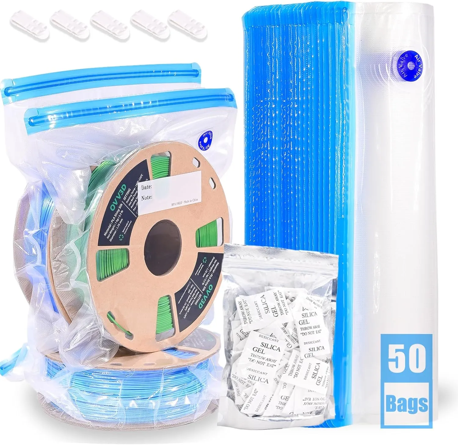 OVV3D Filament Storage Bags 50 Bags 13.4x12.6 inch, Vacuum Sealed Filament with 50 Desiccants, Perfect for 3D Printer Filament Storage or Using After Filament Dryer Box