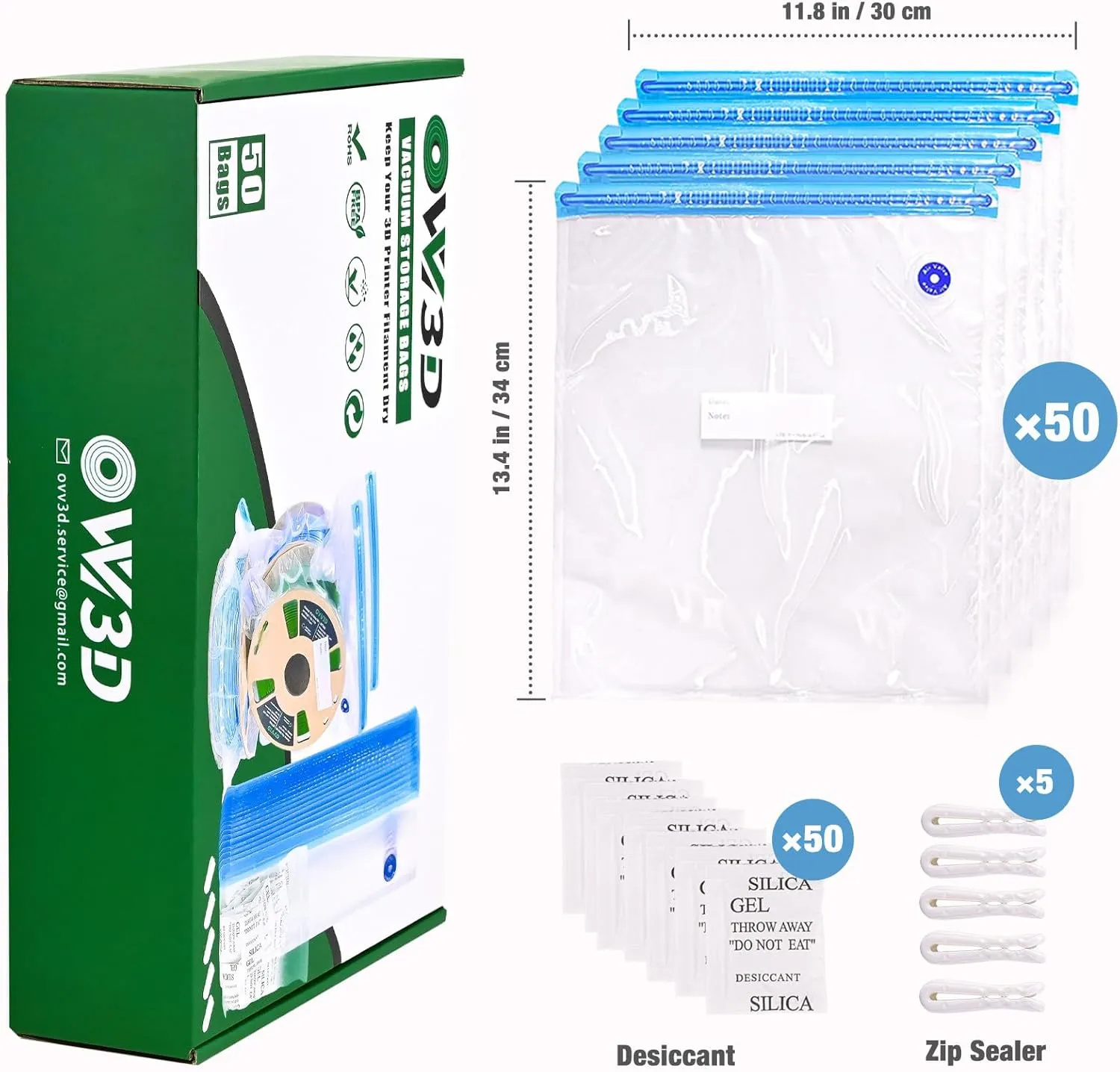 OVV3D Filament Storage Bags 50 Bags 13.4x12.6 inch, Vacuum Sealed Filament with 50 Desiccants, Perfect for 3D Printer Filament Storage or Using After Filament Dryer Box