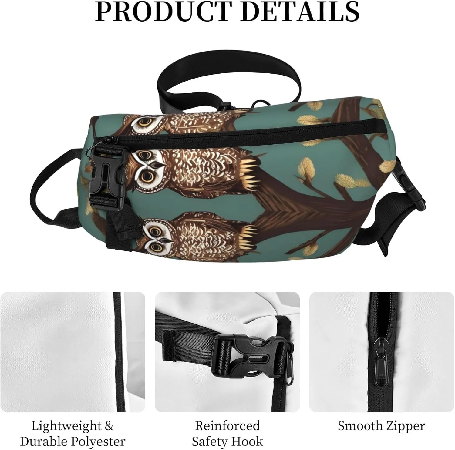 Owl Tree Branches Print Crossbody Backpack Casual Sling Bag Travel Lightweight, Adjustable Cross Bag