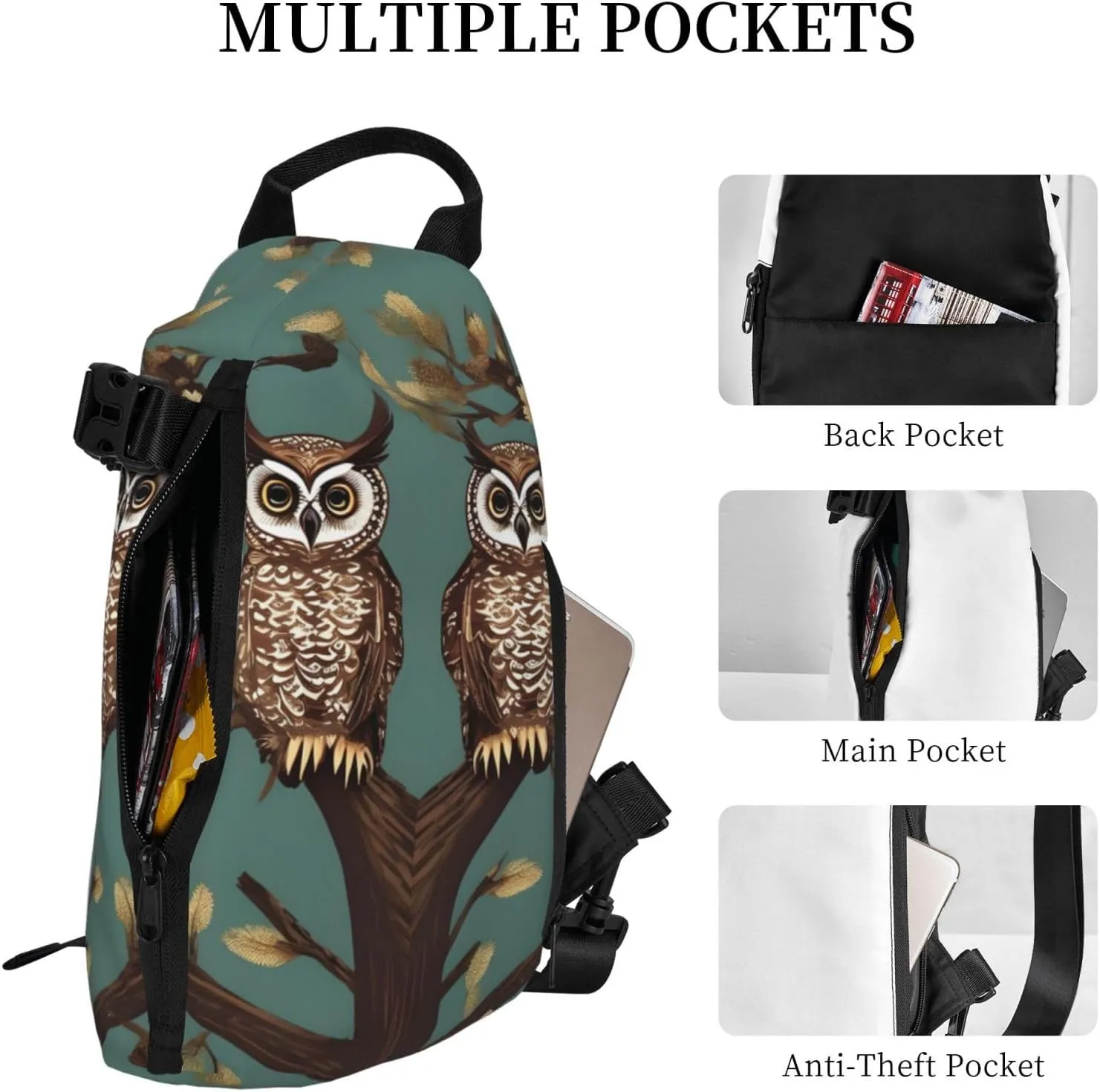 Owl Tree Branches Print Crossbody Backpack Casual Sling Bag Travel Lightweight, Adjustable Cross Bag