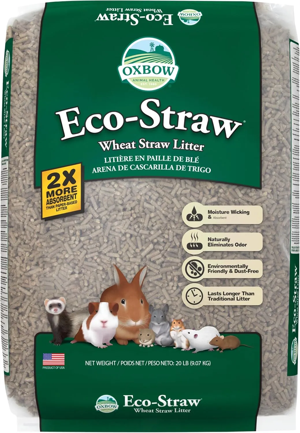 Oxbow Eco Straw Wheat Straw Litter for Small Animals, Dust Free, Rabbit, Guinea Pig, Ferret, & Cat Litter, Oxbow Animal Health, Moisture Wicking Pellets for Guinea Pig, Made in USA, 20 lb. Bag