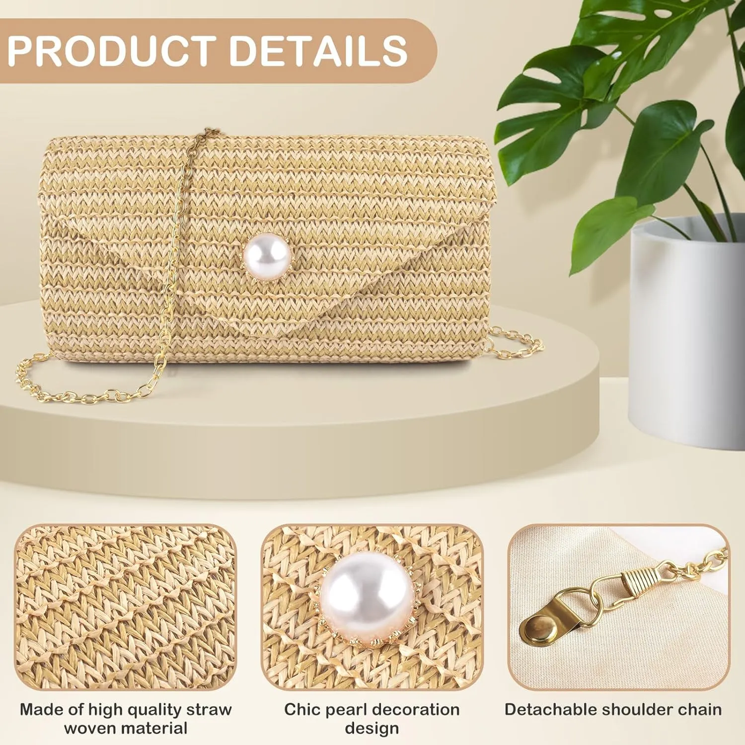 PACETAP Straw Clutch Purse for Women, Pearl Decoration Boho Crossbody Bags Handbags for Beach Travel Vacation Party Prom