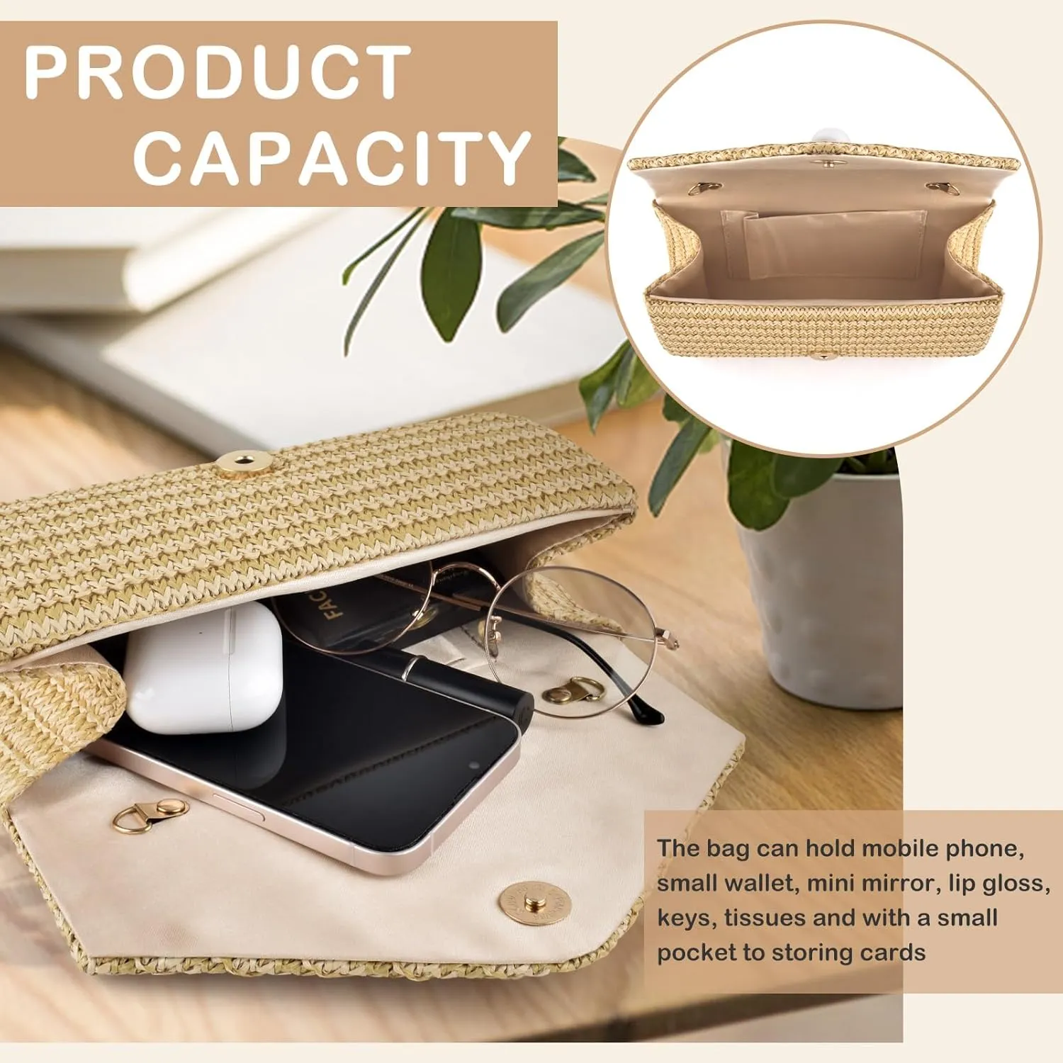 PACETAP Straw Clutch Purse for Women, Pearl Decoration Boho Crossbody Bags Handbags for Beach Travel Vacation Party Prom