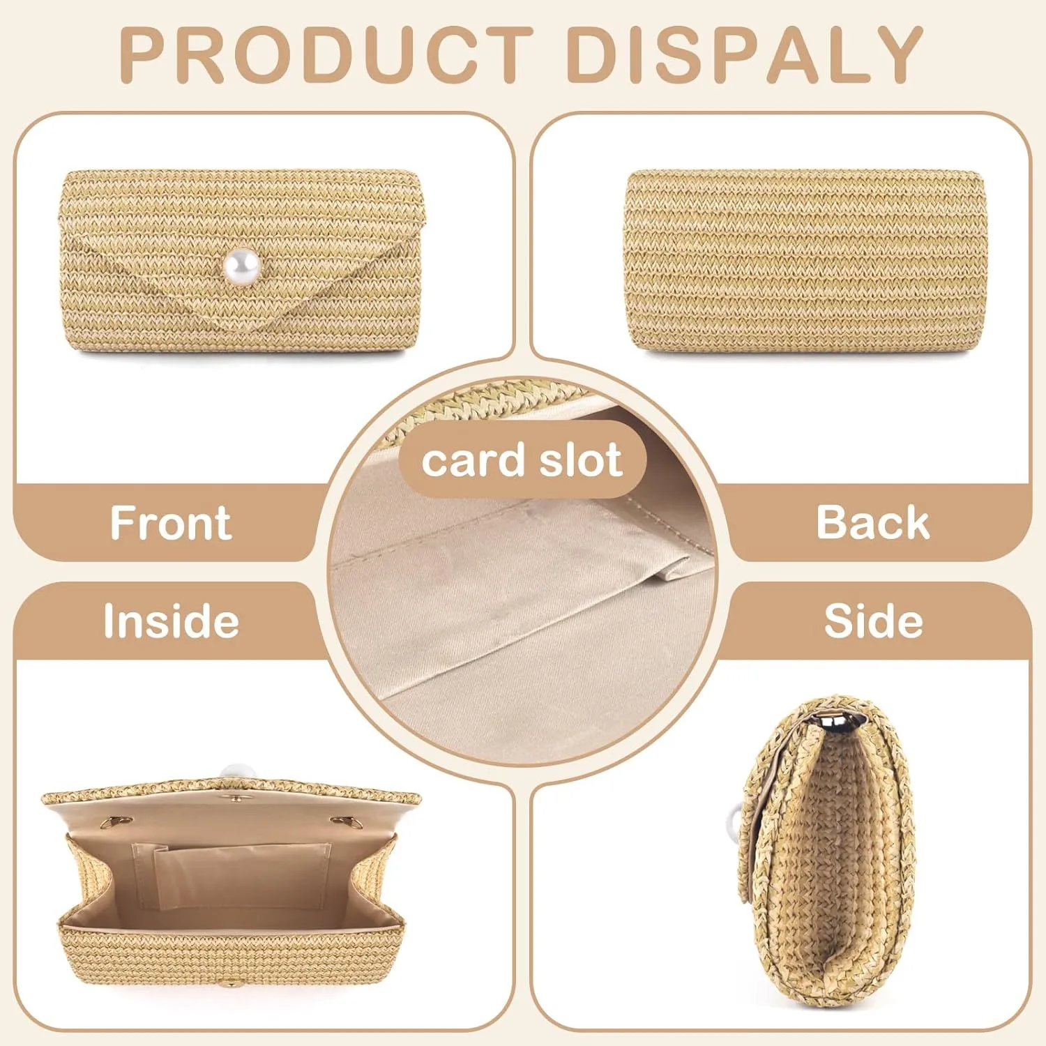 PACETAP Straw Clutch Purse for Women, Pearl Decoration Boho Crossbody Bags Handbags for Beach Travel Vacation Party Prom
