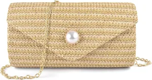 PACETAP Straw Clutch Purse for Women, Pearl Decoration Boho Crossbody Bags Handbags for Beach Travel Vacation Party Prom