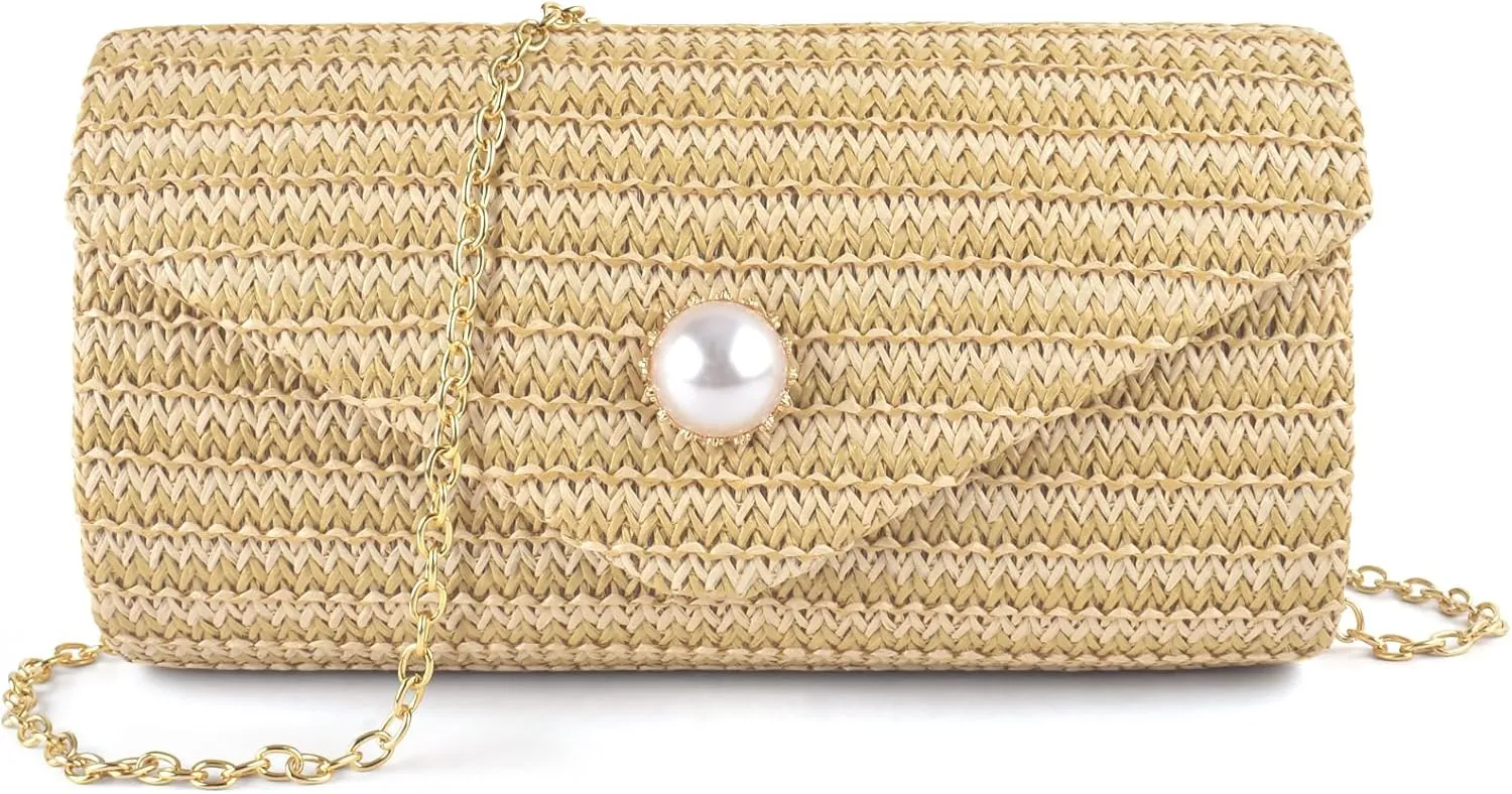 PACETAP Straw Clutch Purse for Women, Pearl Decoration Boho Crossbody Bags Handbags for Beach Travel Vacation Party Prom
