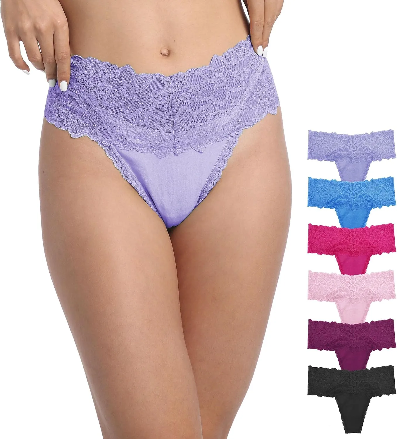 Pack 6 High Waisted Lace Thong for Women Cotton Underwear Plus Size High Rise Retro Tummy Control Thongs Panties