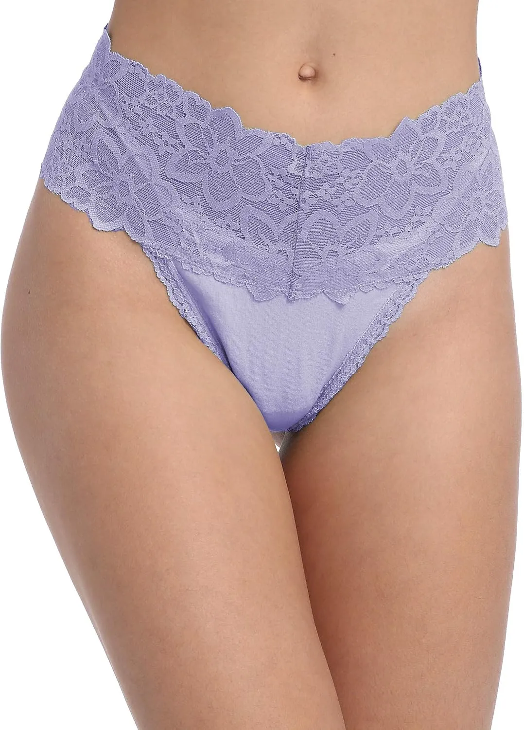Pack 6 High Waisted Lace Thong for Women Cotton Underwear Plus Size High Rise Retro Tummy Control Thongs Panties