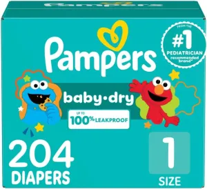 Pampers Diapers - Baby Dry - Size 1, 204 Count, Absorbent Disposable Infant Diaper (Packaging May Vary)