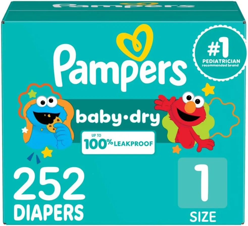Pampers Diapers - Baby Dry - Size 1, 252 Count, Absorbent Disposable Infant Diaper (Packaging May Vary)