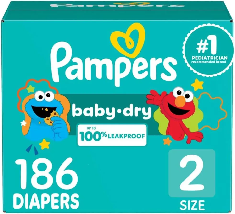 Pampers Diapers - Baby Dry - Size 2, 186 Count, Absorbent Disposable Infant Diaper (Packaging May Vary)