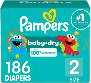 Pampers Diapers - Baby Dry - Size 2, 186 Count, Absorbent Disposable Infant Diaper (Packaging May Vary)