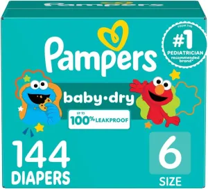 Pampers Diapers - Baby Dry - Size 6, 144 Count, Absorbent Disposable Infant Diaper (Packaging May Vary)
