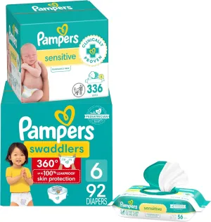 Pampers Swaddlers 360 Pull-On Diapers, Size 6, 92 Count, with Sensitive Baby Wipes, 4 Flip-Top Packs (336 Wipes Total) [Packaging May Vary]