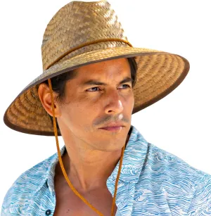 Panama Jack Lifeguard Sun Hat - Palm Fiber Straw, 5" Bound Big Brim, Chin Strap with Toggle, Logo Badge