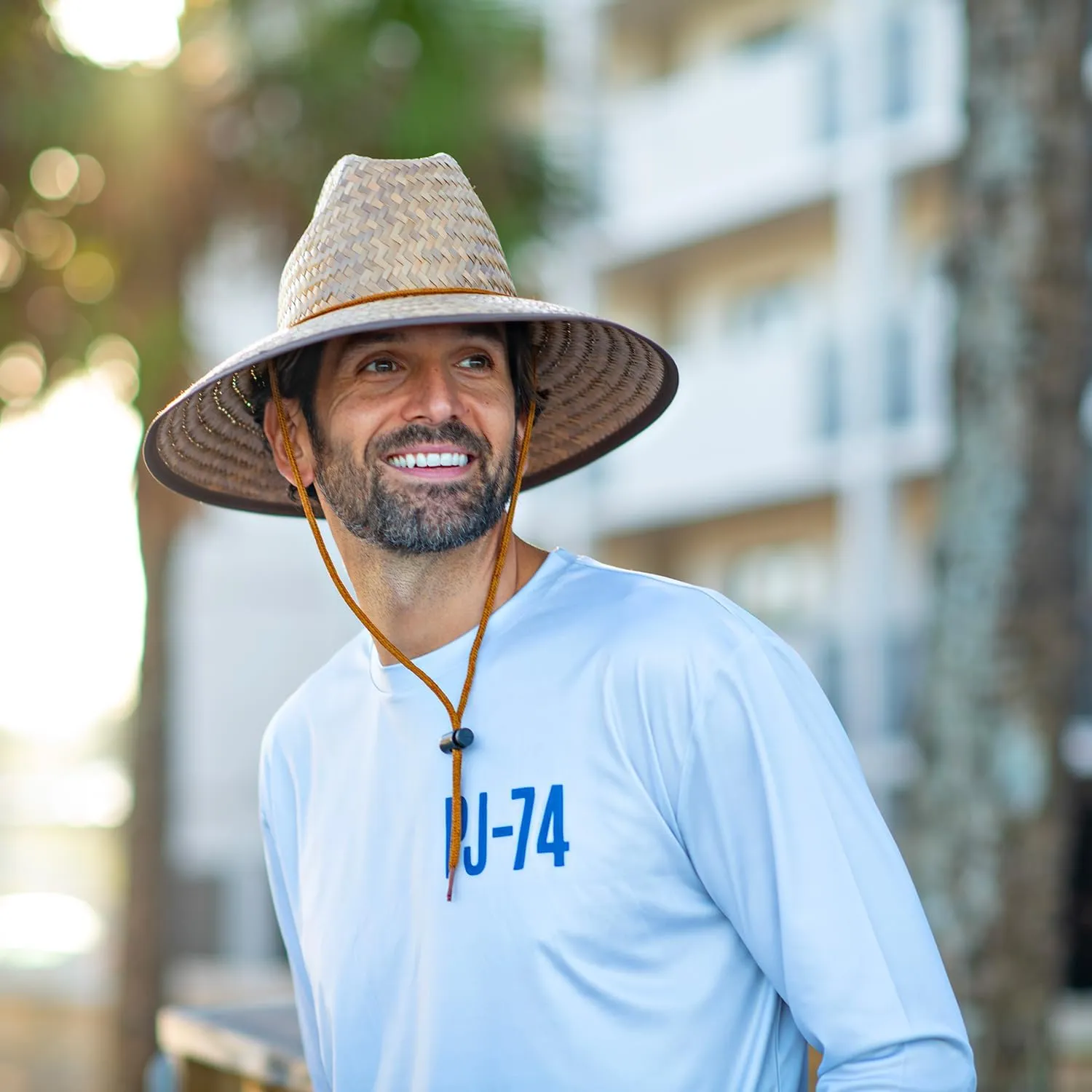 Panama Jack Lifeguard Sun Hat - Palm Fiber Straw, 5" Bound Big Brim, Chin Strap with Toggle, Logo Badge