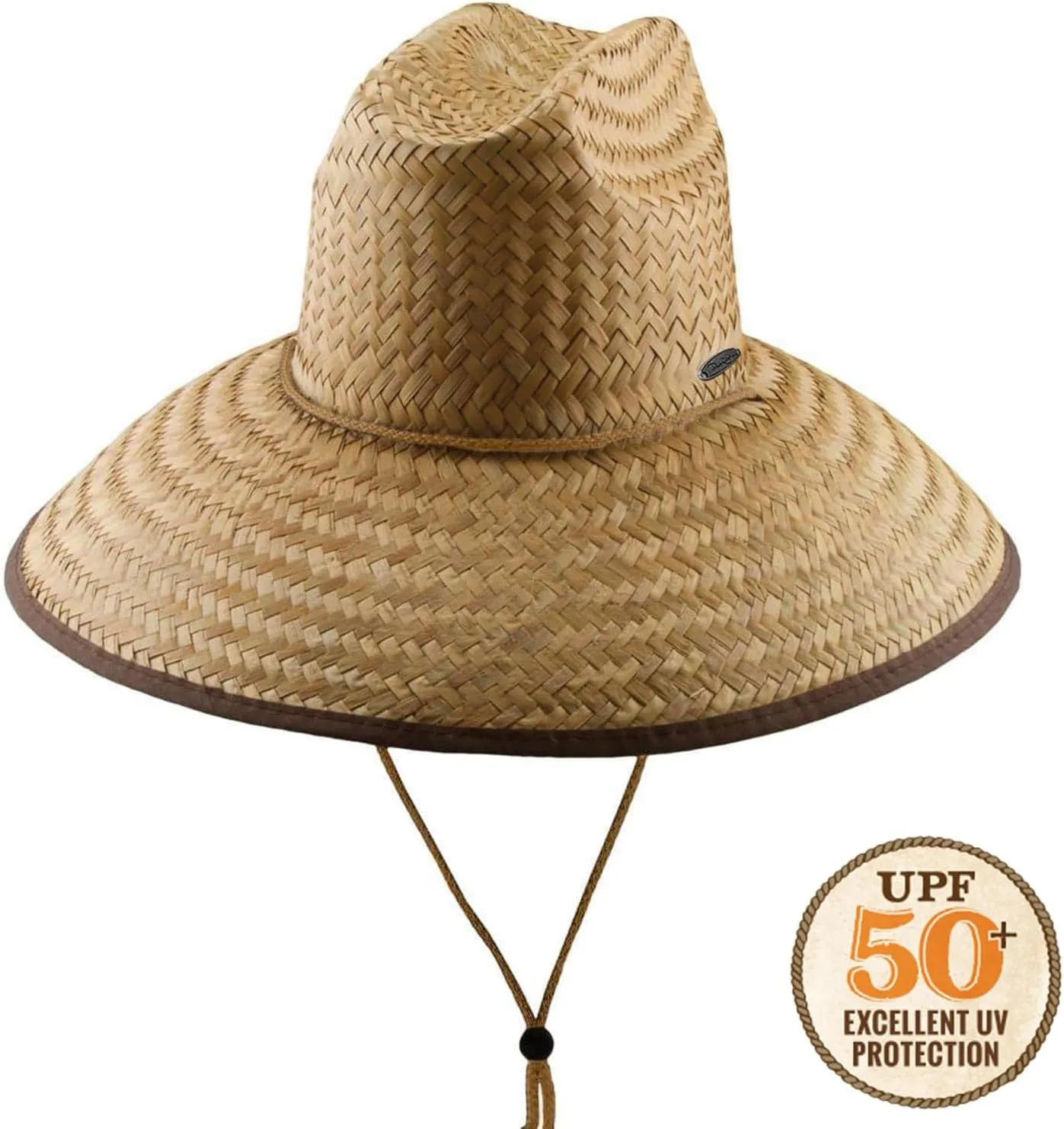 Panama Jack Lifeguard Sun Hat - Palm Fiber Straw, 5" Bound Big Brim, Chin Strap with Toggle, Logo Badge