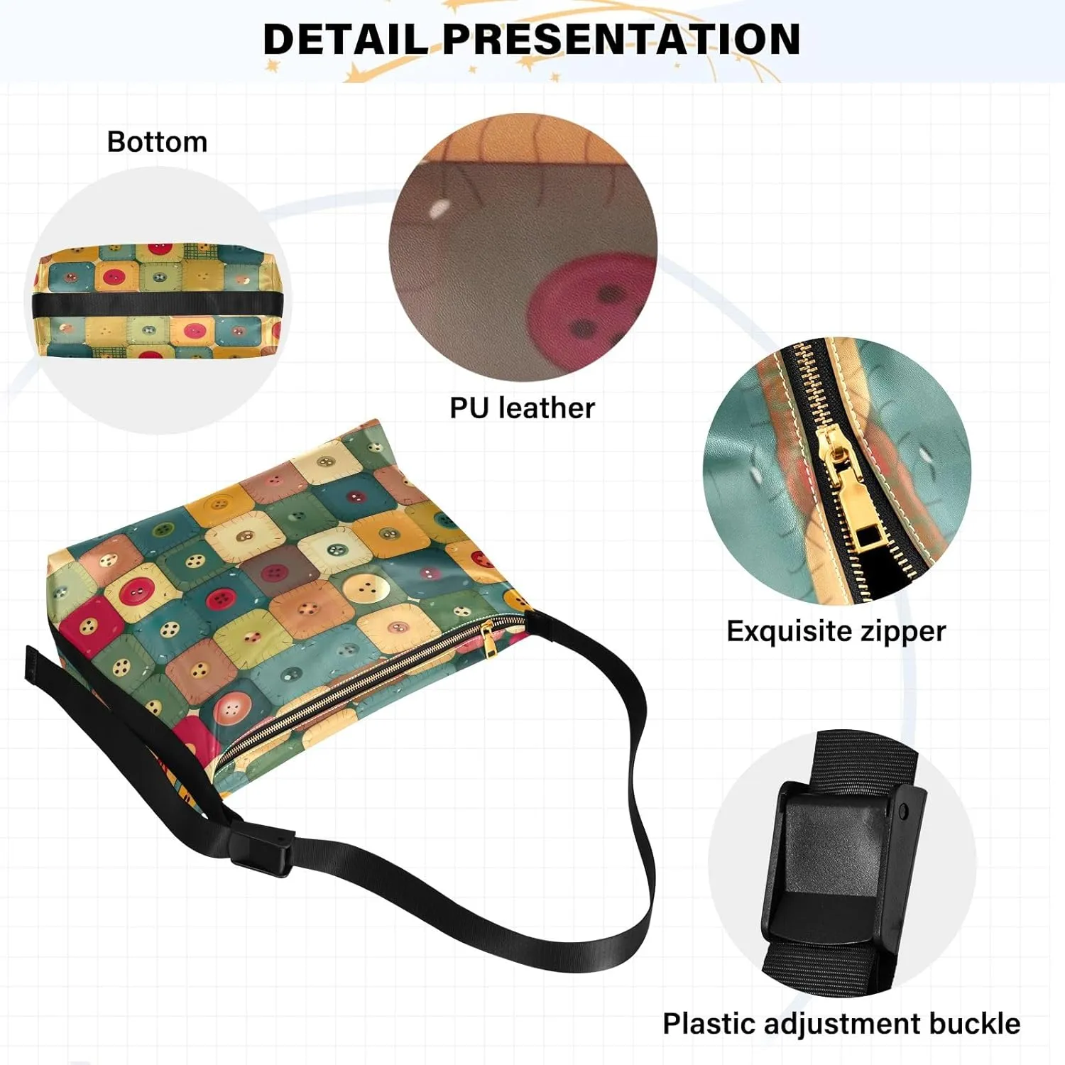 Patches of Buttons with Colors Cross Body Shoulder Bag Leather, Women's Shoulder Bag, Leather Shoulder Bag