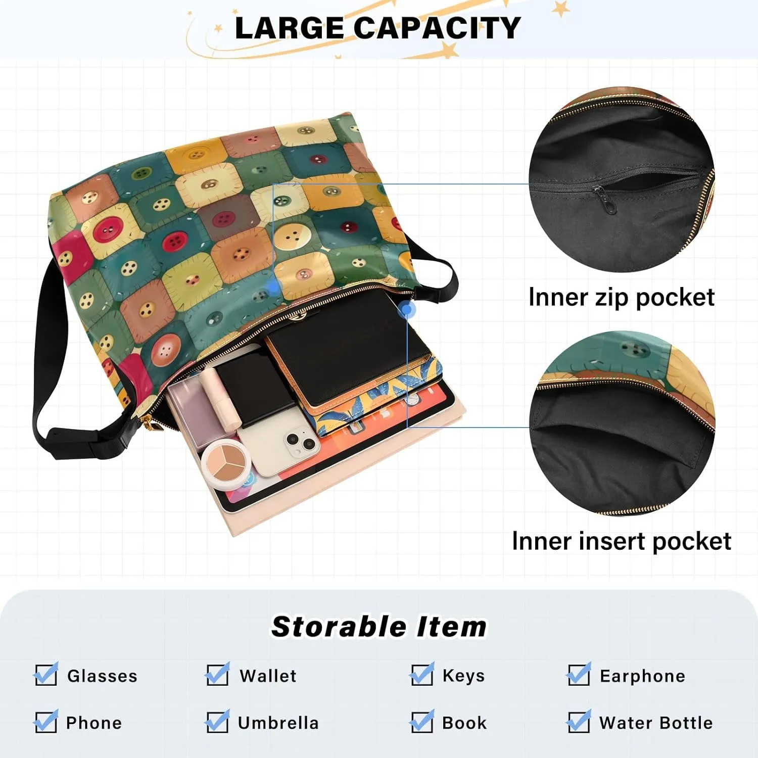 Patches of Buttons with Colors Cross Body Shoulder Bag Leather, Women's Shoulder Bag, Leather Shoulder Bag
