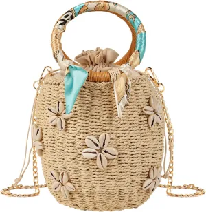 Pearl Flower Straw Woven Tote Bag Summer Beach Rattan Handle Bucket Bag Straw Purses and Handbags for Women
