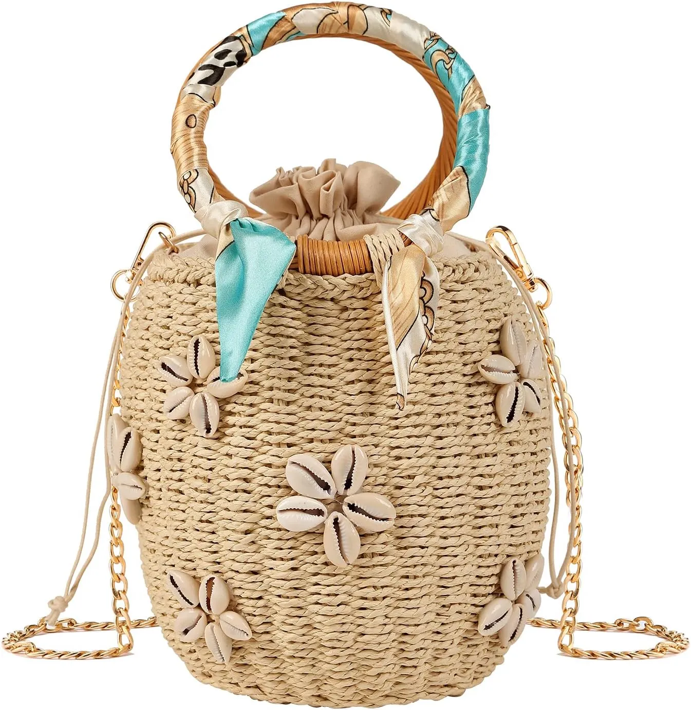 Pearl Flower Straw Woven Tote Bag Summer Beach Rattan Handle Bucket Bag Straw Purses and Handbags for Women