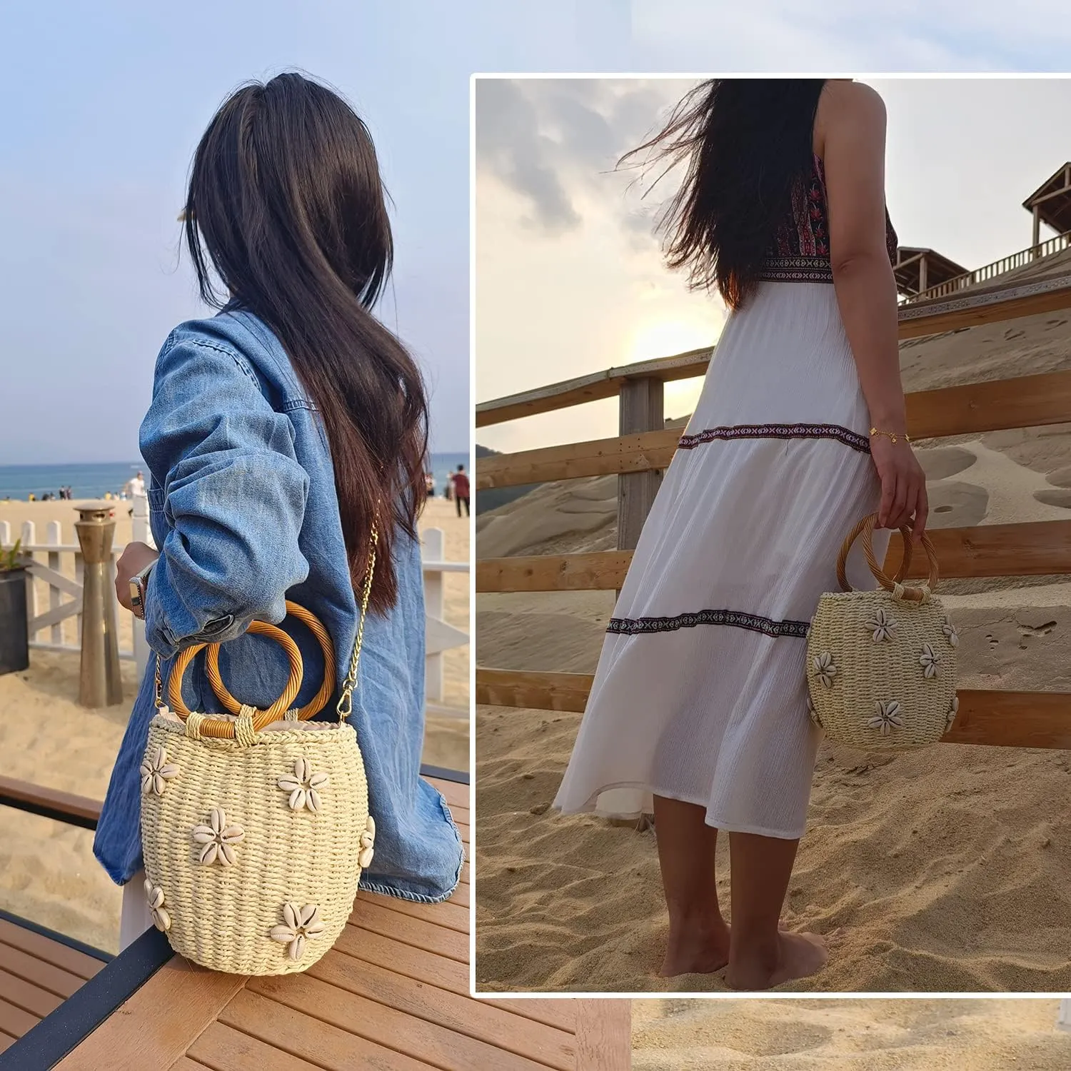 Pearl Flower Straw Woven Tote Bag Summer Beach Rattan Handle Bucket Bag Straw Purses and Handbags for Women