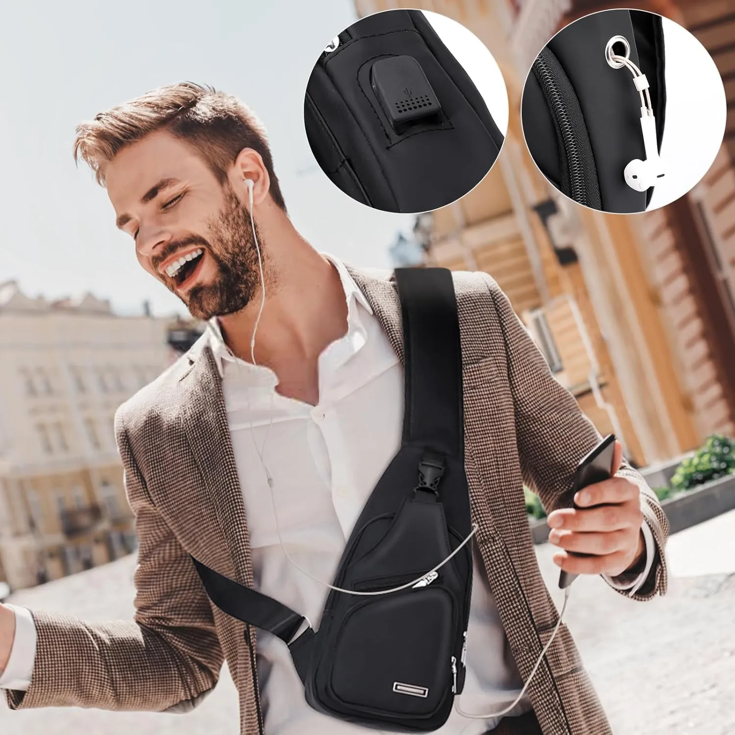 Peicees Mens Leather Crossbody Bag Trendy Sling Bag Man Purse Waterproof Sling Backpack Daypack Cross Body Chest Bag for Men