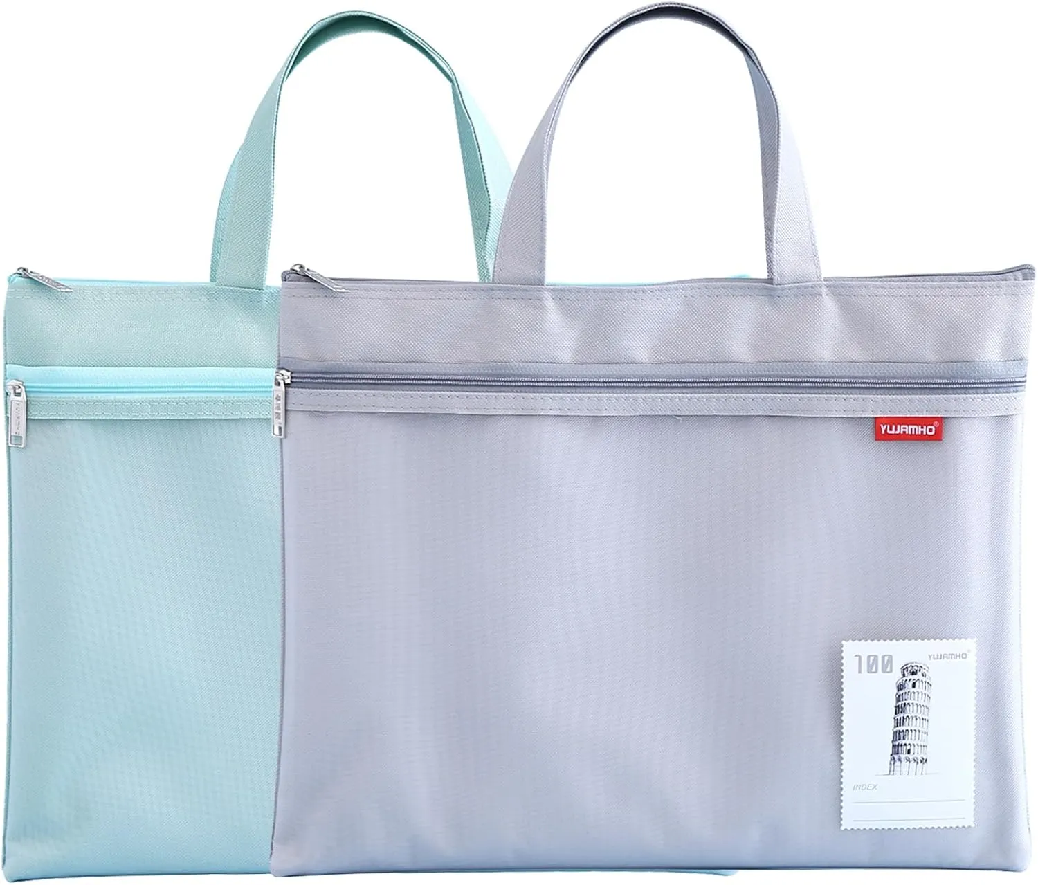 Pendancy Mesh Zipper Pouch 11x13.7 in, 2 pcs Large Double Pocket Waterproof File Bag with Handle, A4 Size Foldable Document Storage for Puzzle Project/Cross Stitch/Travel/Office（Gray Green）
