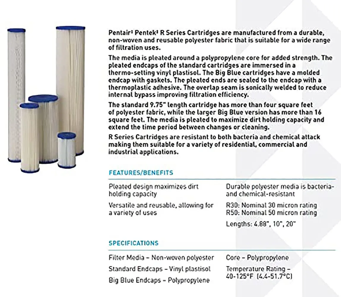 Pentair Pentek R50-BB Big Blue Sediment Water Filter, 10-Inch, Whole House Pleated Polyester Filter Cartridge, 10" x 4.5", 50 Micron