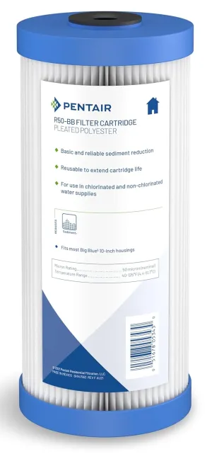 Pentair Pentek R50-BB Big Blue Sediment Water Filter, 10-Inch, Whole House Pleated Polyester Filter Cartridge, 10" x 4.5", 50 Micron