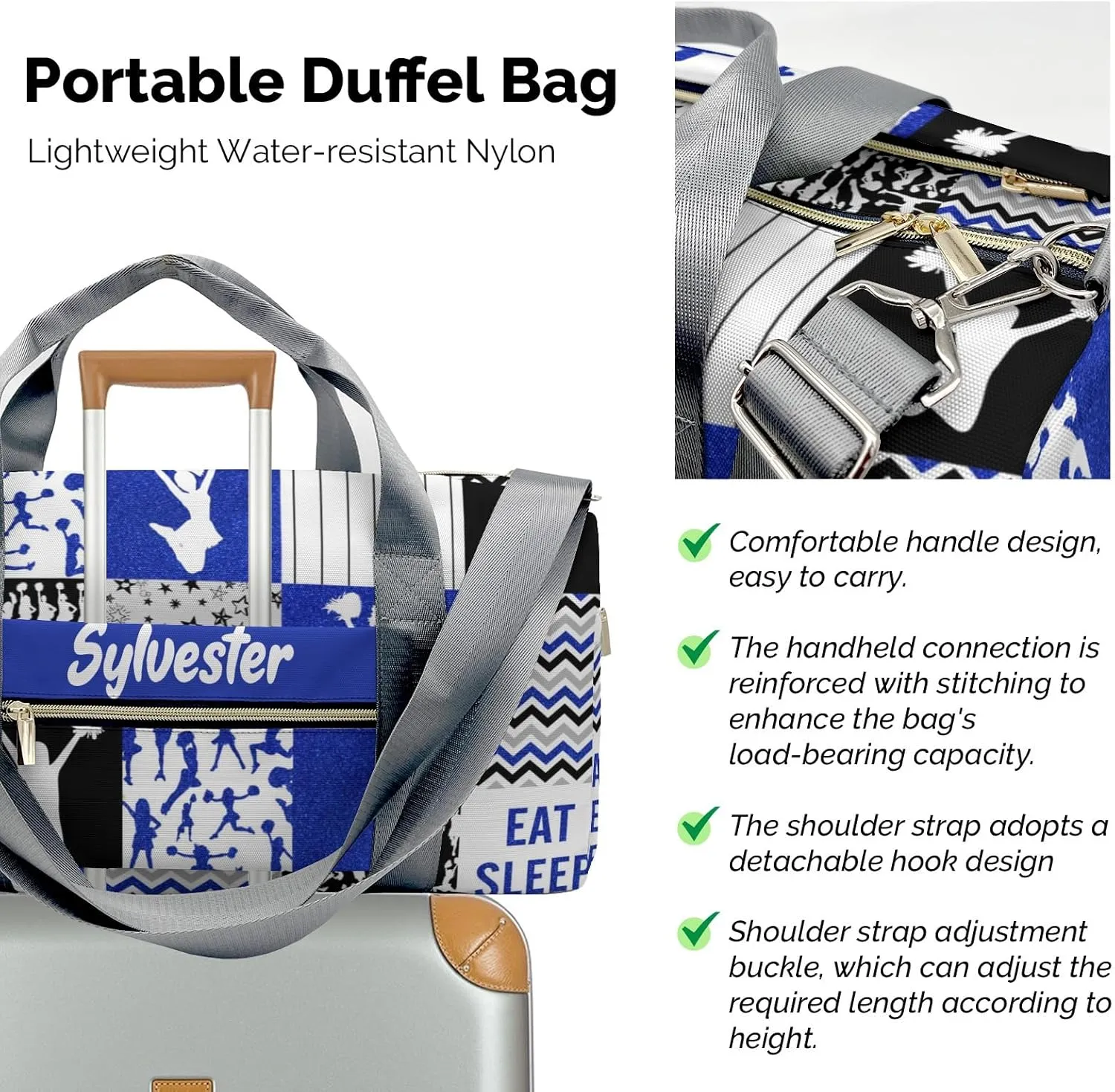 Personalized Cheerleader Glitter Cheer Saphire Custom Multi-functional Travel Bag, Unisex Portable Duffel Bag, Short Distance Travel Assistant