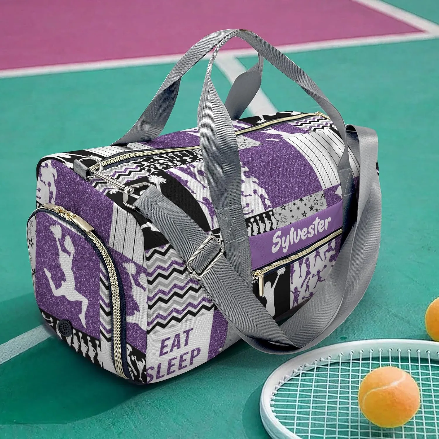 Personalized Cheerleader Glitter Purple Cheer Custom Multi-functional Travel Bag, Unisex Portable Duffel Bag, Short Distance Travel Assistant