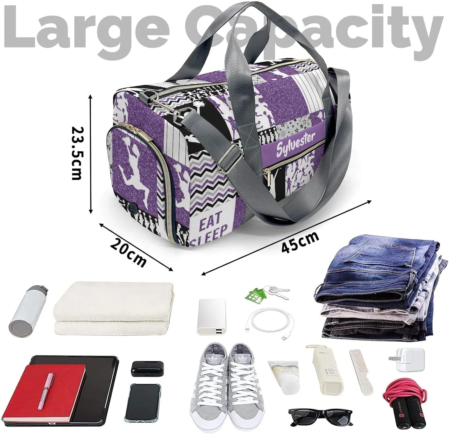 Personalized Cheerleader Glitter Purple Cheer Custom Multi-functional Travel Bag, Unisex Portable Duffel Bag, Short Distance Travel Assistant