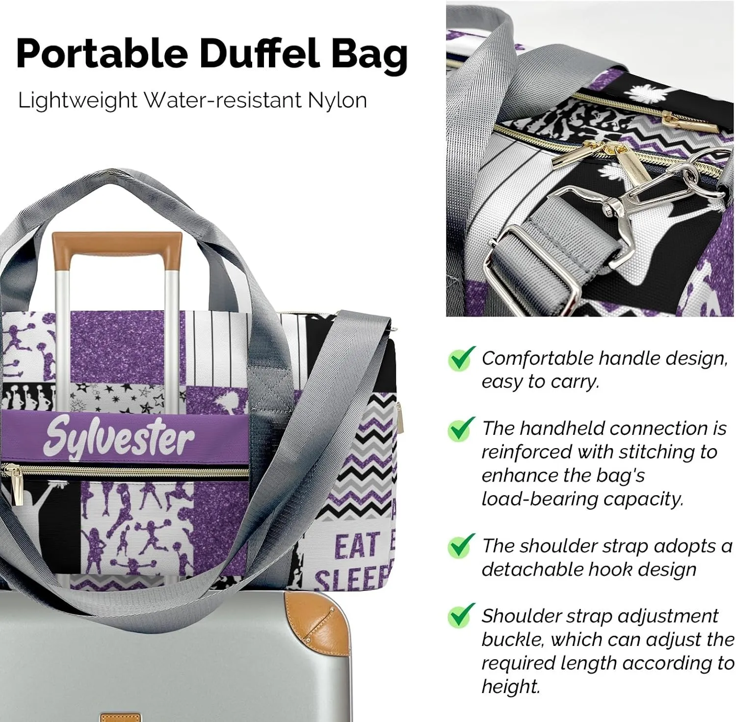 Personalized Cheerleader Glitter Purple Cheer Custom Multi-functional Travel Bag, Unisex Portable Duffel Bag, Short Distance Travel Assistant