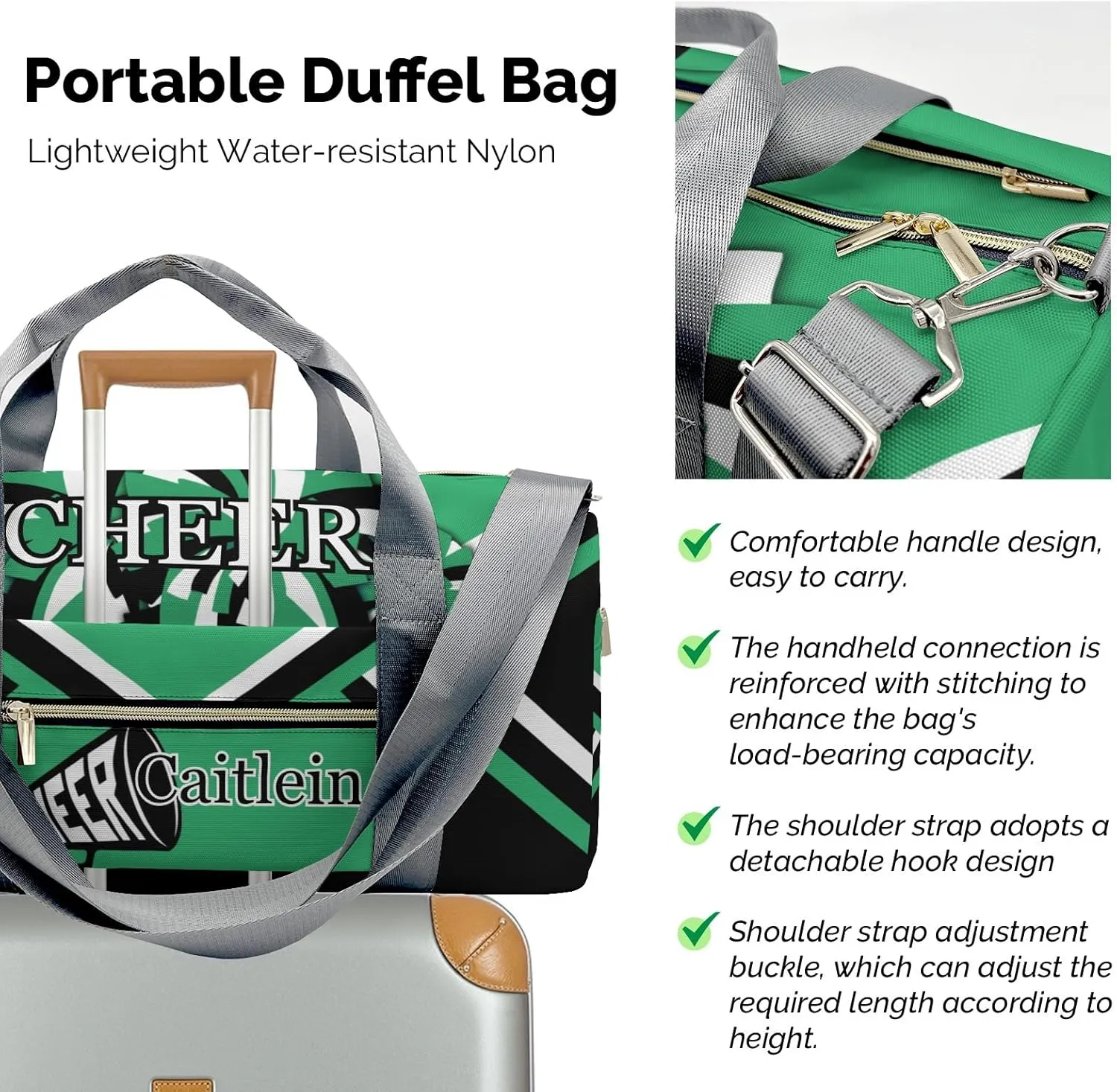 Personalized Cheerleader Green Custom Multi-functional Travel Bag, Unisex Portable Duffel Bag, Short Distance Travel Assistant