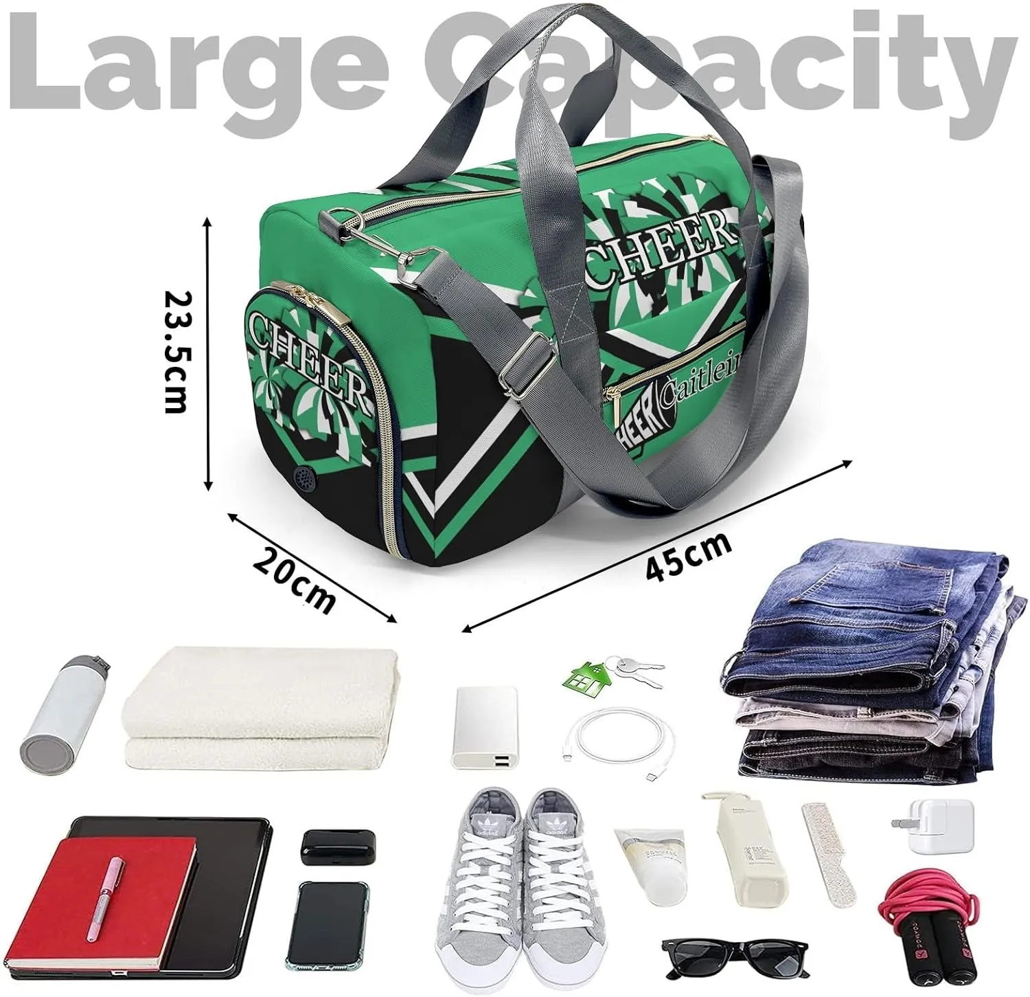 Personalized Cheerleader Green Custom Multi-functional Travel Bag, Unisex Portable Duffel Bag, Short Distance Travel Assistant