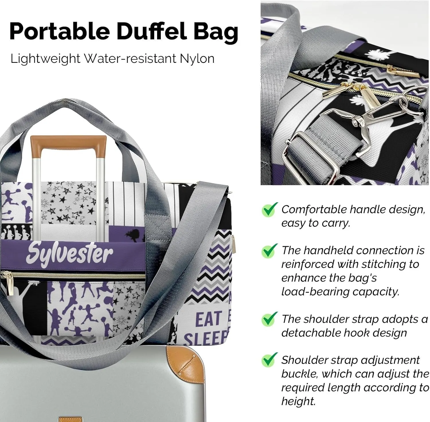 Personalized Cheerleader Patchwork Violet Custom Multi-functional Travel Bag, Unisex Portable Duffel Bag, Short Distance Travel Assistant