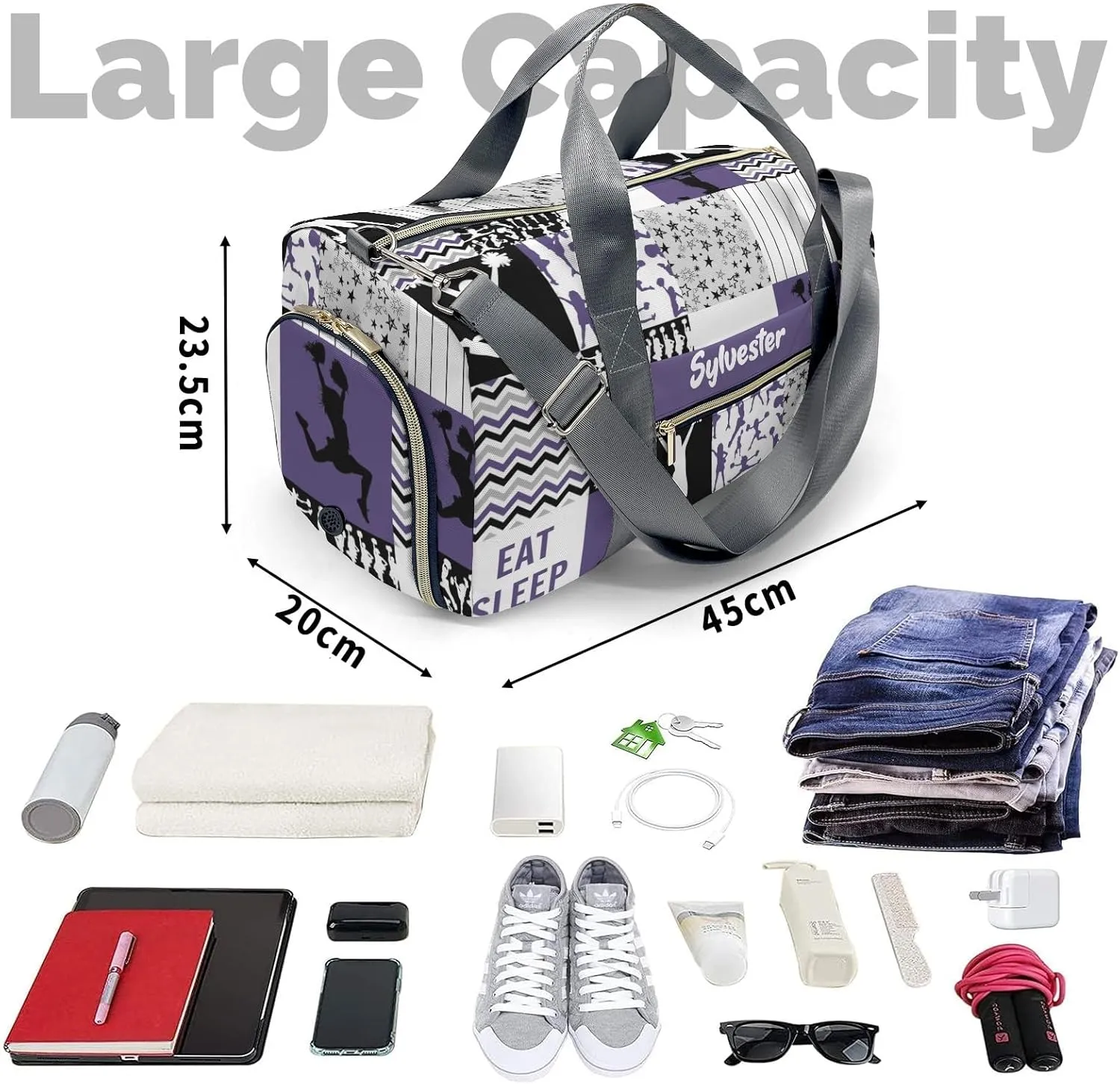 Personalized Cheerleader Patchwork Violet Custom Multi-functional Travel Bag, Unisex Portable Duffel Bag, Short Distance Travel Assistant