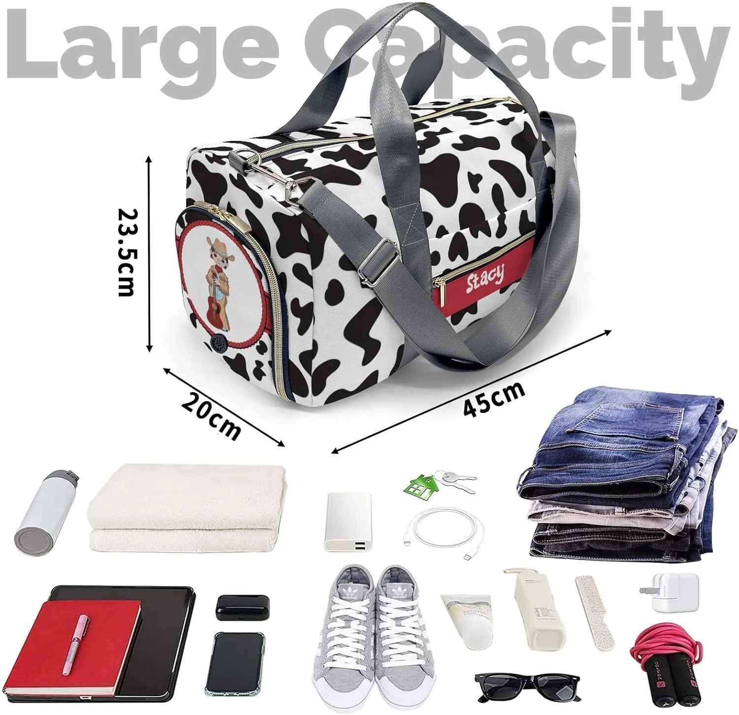 Personalized Cow Print Boy Custom Multi-functional Travel Bag, Unisex Portable Duffel Bag, Short Distance Travel Assistant