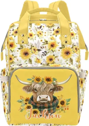 Personalized Cute Cow Diaper Bag for Boys Girls, Custom Mommy Daypack with Name, Customized Highland Cattle Sunflower Diaper Backpack, Travel Backpack for Mom Mommy, Gifts for New Mom Mother