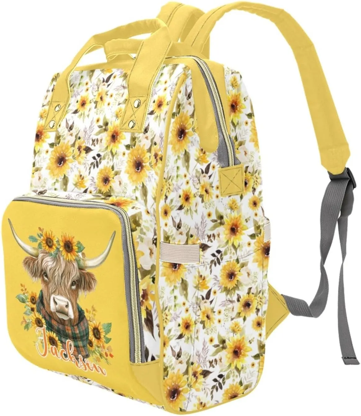 Personalized Cute Cow Diaper Bag for Boys Girls, Custom Mommy Daypack with Name, Customized Highland Cattle Sunflower Diaper Backpack, Travel Backpack for Mom Mommy, Gifts for New Mom Mother