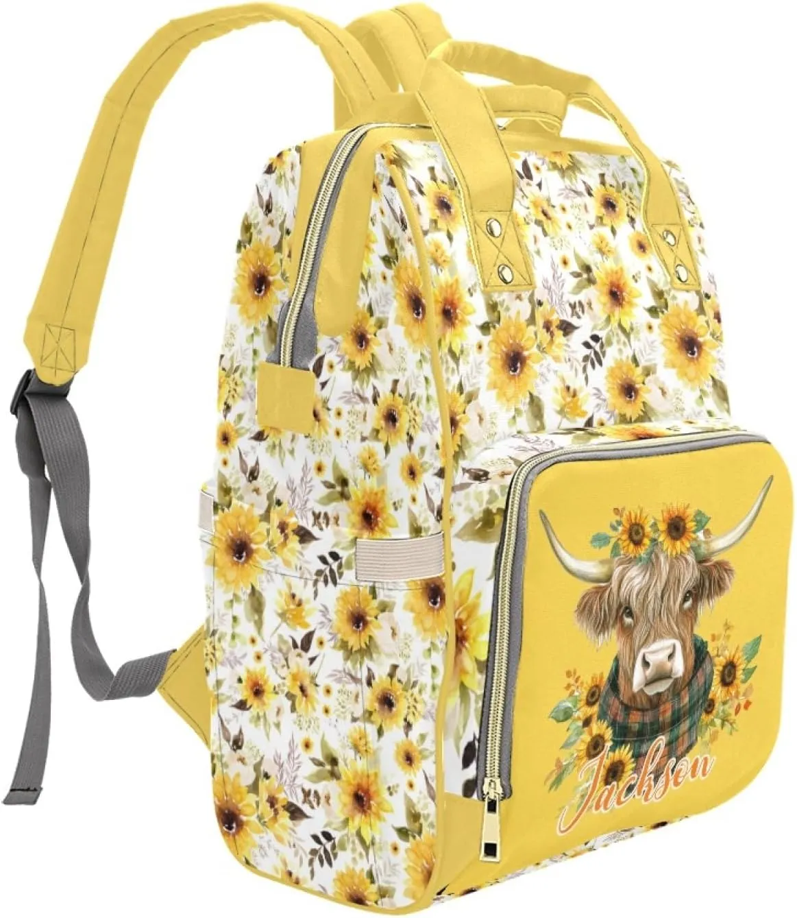 Personalized Cute Cow Diaper Bag for Boys Girls, Custom Mommy Daypack with Name, Customized Highland Cattle Sunflower Diaper Backpack, Travel Backpack for Mom Mommy, Gifts for New Mom Mother