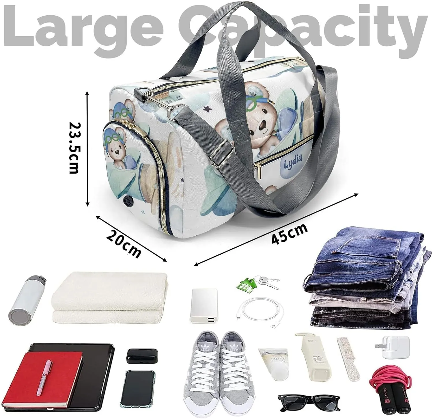 Personalized Cute Pilot Bear Custom Multi-functional Travel Bag, Unisex Portable Duffel Bag, Short Distance Travel Assistant