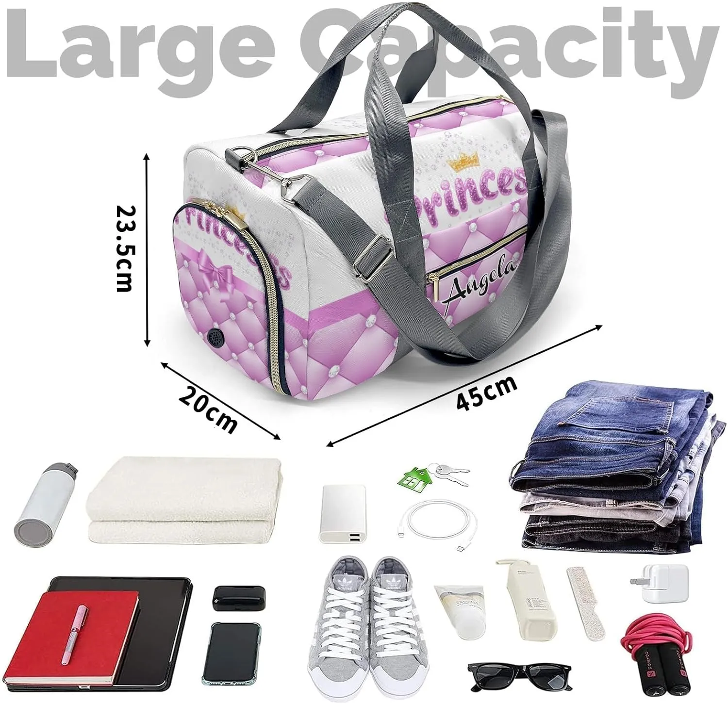 Personalized Diamond Princess Crown Purple Customized Multi-functional Handbag Travel Bag,Unisex Short Trip Portable Duffel Bag