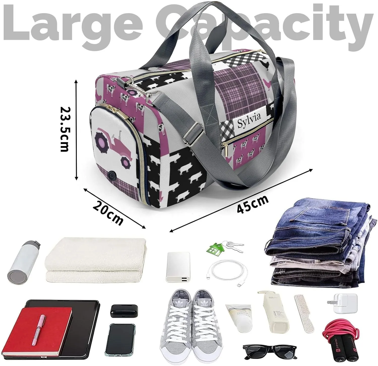 Personalized Farm Animals Car Patchwork Custom Multi-functional Travel Bag, Unisex Portable Duffel Bag, Short Distance Travel Assistant