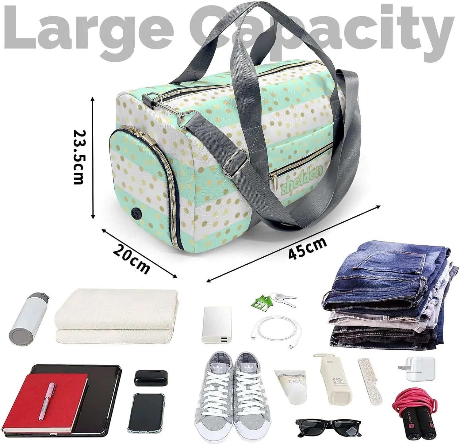 Personalized Gold Glittering Drops Stripes Custom Multi-functional Travel Bag, Unisex Portable Duffel Bag, Short Distance Travel Assistant