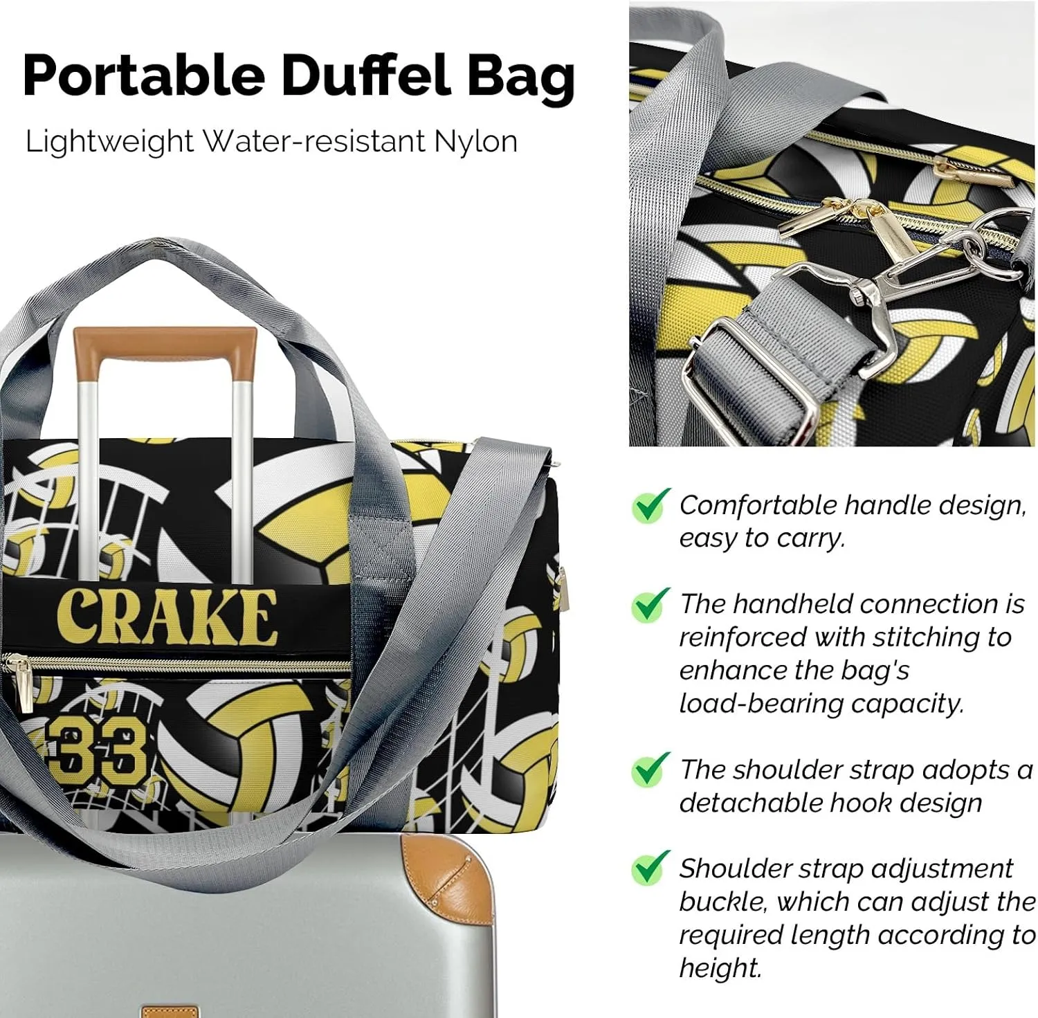 Personalized Gym Bag,Custom Name Volleyball Yelow Sport Duffel Bag Weekender Carry On Travel Duffel Bag