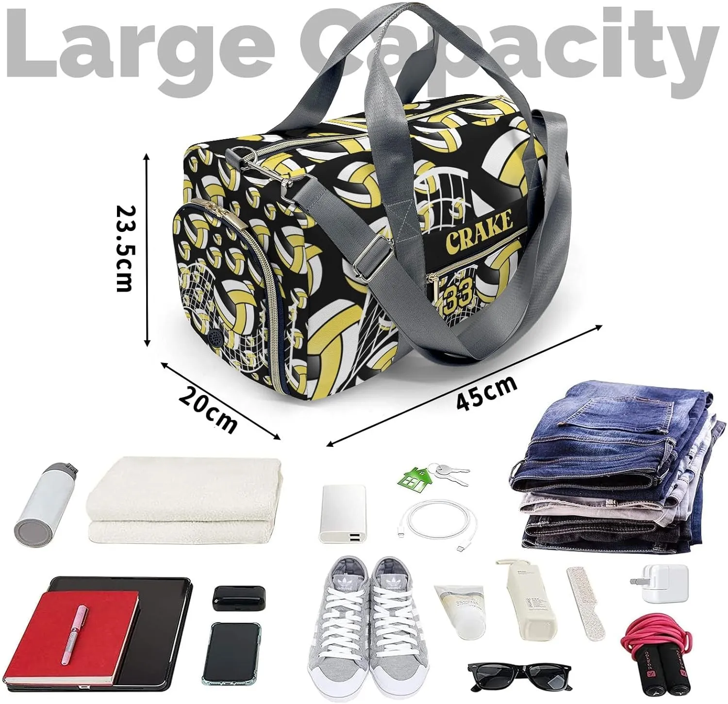 Personalized Gym Bag,Custom Name Volleyball Yelow Sport Duffel Bag Weekender Carry On Travel Duffel Bag